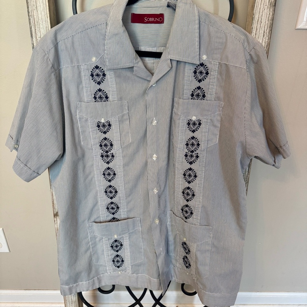 Sobrino Blue Pinstripe Enroidery Patterned Button Accents Mens Shirt Size‎ Large